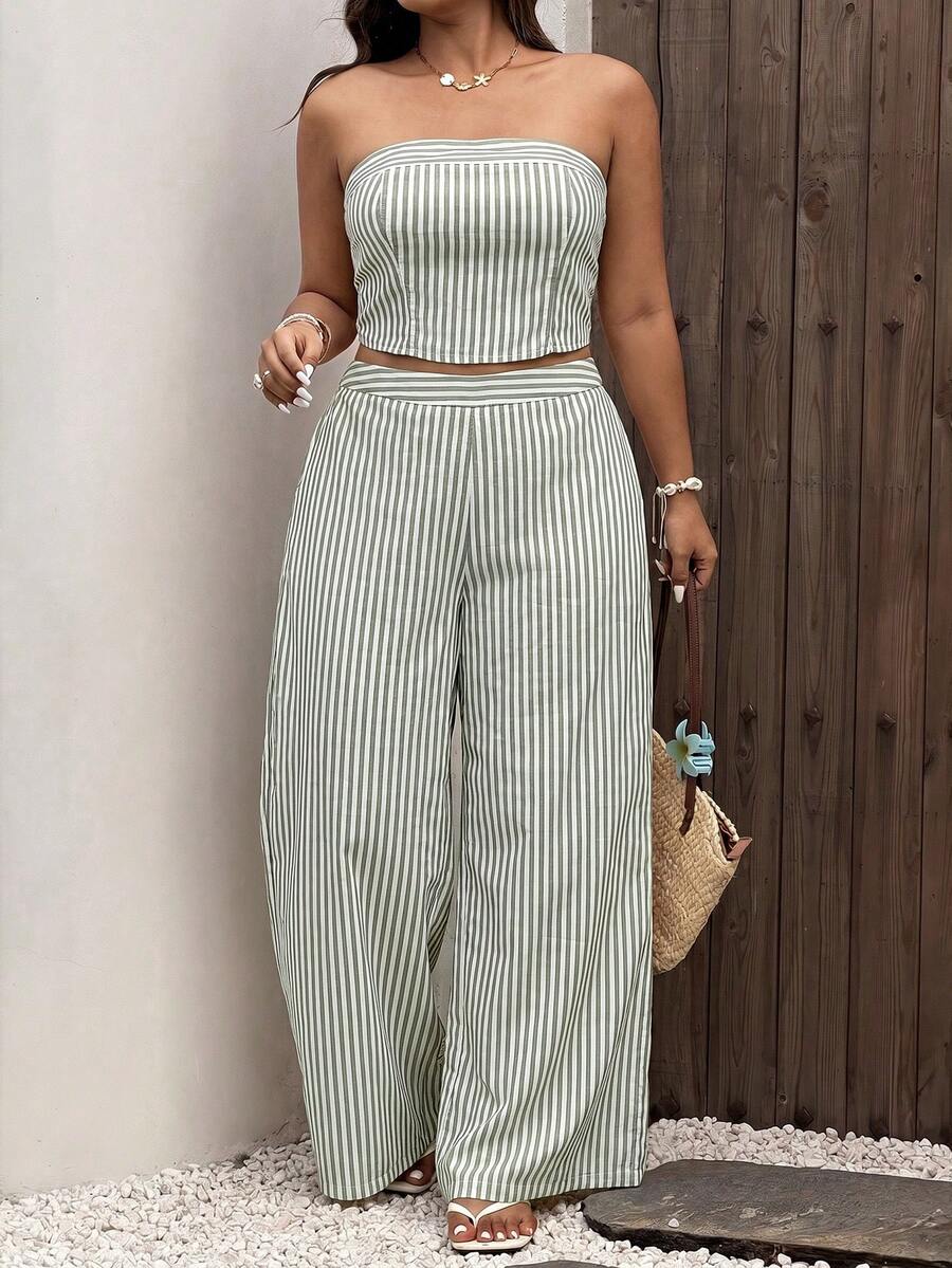 Sunnyshic Conjunto casual de dos piezas para mujer talla grande con top bandeau a rayas y pantalones de pierna ancha - Verde - Ver 1
