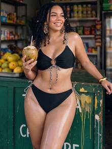 Swim Vcay Bikini de 2 piezas con tirantes finos y lazo delantero, estampado floral, braguita triángulo, talla grande para mujer, negro, sexy, para vacaciones de verano en la playa - Multicolor - Ver 6