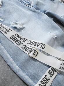Manfinity EMRG Men's Waist Button Zipper Pocket Distressed Classic Jeans With Text Ribbon Decoration - Light Wash - View 5