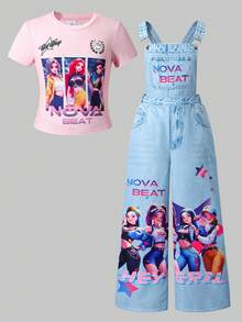 SHEIN 青少年女孩圓領修身短袖卡通印花T恤搭配字母印花吊帶褲2件套 夏季休閒酷感卡通套裝 - 藍色 - 查看 3