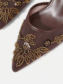 CUCCOO HITCHD 夏季新款刺繡蕾絲亮片尖頭紅酒杯跟優雅浪漫網紗女款高跟鞋一腳蹬新娘鞋約會優雅穿搭 - 棕色 - 查看 6
