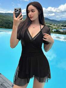 DAZY 女款純色短袖網布拼接連身泳衣短褲，適合度假夏季 - 黑色 - View 3