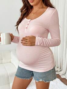 Slowluna Maternity Striped Colorblock Casual Versatile Daily Long Sleeve T-Shirt - Pink - View 4