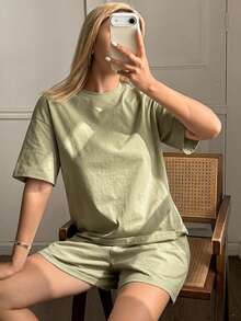 DAZY 夏季極簡全棉休閒短袖上衣與短褲2件套女款居家服睡衣套裝 - 綠色 - 查看 8