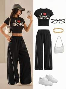 SHEIN PETITE Pantalon noir à jambes larges pour femmes, style streetwear vintage, festival, sortie, retour à la maison, basique, essentiels pour le port quotidien, automne/hiver, pour femmes de petite taille - Noir - Voir 7