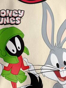 LOONEY TUNES X SHEIN 男婴休闲日常通勤时尚街头卡通字母印花撞色落肩宽松抓绒保暖圆领卫衣，秋冬季 - 白色 - 查看 4