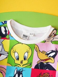 LOONEY TUNES X SHEIN 小男孩卡通猫狗彩色格子多巴胺印花长袖T恤和长裤睡衣套装 - 彩色 - 查看 5