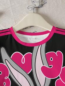 LOONEY TUNES X SHEIN Tween Girls' Casual Rabbit Print & Striped Patchwork Round Neck Short Sleeve T-Shirt, Summer - White - View 4