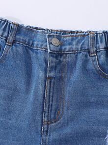 SHEIN 女童牛仔長褲 夏季新款復古街頭風休閒中藍色破洞水洗工藝彈性高腰寬鬆直筒褲 柔軟親膚精紡棉牛仔面料 日常百搭 適合搭配衛衣T恤 校園出遊 日常穿搭 復古風牛仔長褲 - 中等水洗藍 - 查看 6