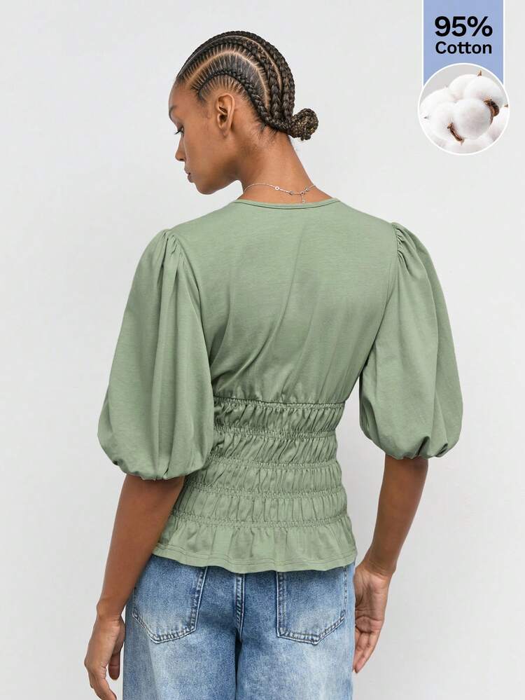SHEIN Maija Green Women's Petal Sleeve Cinched Waist Fitted Ruffle Hem Urban Casual Fashion Top