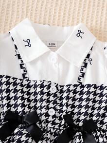 SHEIN Playful Pals 1件女嬰Tot嬰兒時尚可愛Ace上衣，趣味時尚千鳥格蝴蝶結波點藝術長袖泡泡袖修身軟薄洋裝套裝，適合日常、秋季、涼爽季節與冬季 - 黑與白 - 查看 3