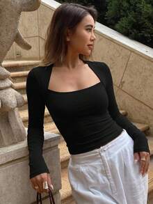 DAZY Women's Swan Neck Long Sleeve T-Shirt,Fall Clothes Going Out Tops - Black - View 11