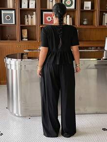Muchica Plus Size Women's Solid Color Short Sleeve Ruffle Hem T-Shirt And Wide Leg Pants Casual 2-Piece Set Vacation Black Summer - Black - View 2