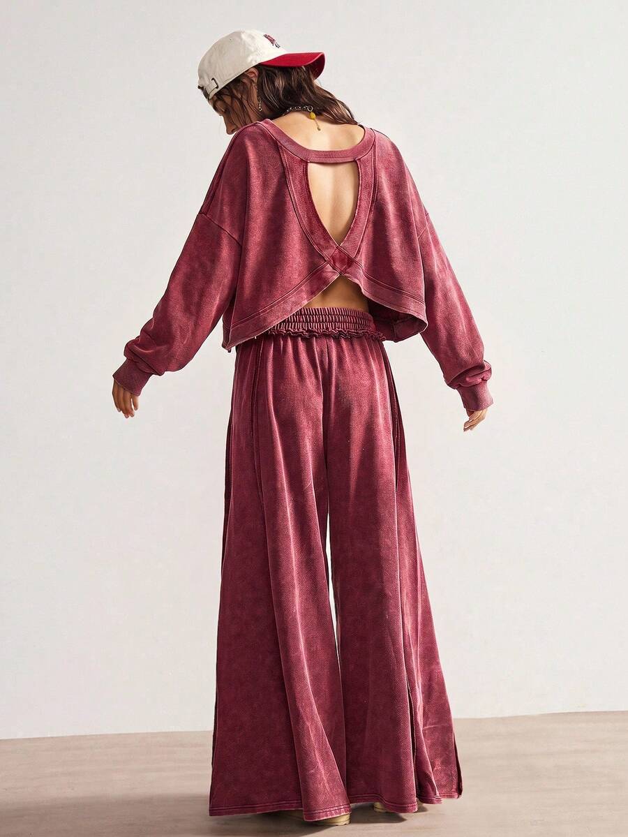 Bohemela Casual Solid Color Knit Long Sleeve Loose Sweatshirt & Mid-Waist Loose Wide Leg Pants Women's 2pcs Set - Burgundy - View 1