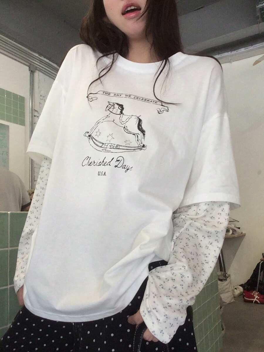 DAZY Women's Round Neck Cartoon Print Long Sleeve 2 In 1 Korean Style Long Sleeve Spring/Summer T-Shirt Graphic Tees Cute Tops Oversized T Shirts For Women - White - View 1