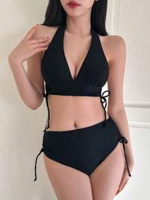 DAZY Ladies' Solid Color Halter Neck Bikini Set Summer Beach,Tankini Bathing Suit Vacation - Black - View 4