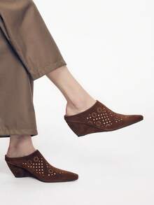 Mnmlis Zapatos de mujer de ante marrón oscuro con calado, punta fina y tacón de cuña, mules retro transpirables para uso exterior, pantuflas holgadas - Marrón - Ver 4