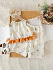 Multicolor Polyester Ruffle Flounce Sleeve Tank Top Co-Ord With Plants Pattern For Baby Girls Vacation Styl - Yellow - View 2