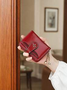 Muroi Mono 1Pc Zipper Coin Purse, Retro Oil-Wax Leather With Clover Chain Charm, Multi Card Slots, Lightweight Storage For Daily Errands. - Multicolor - View 5