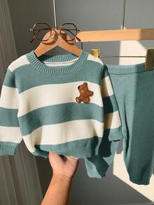 SHEIN 2件組 男女嬰秋冬可愛休閒熊色條紋毛衣與長褲 - 彩色 - 查看 8