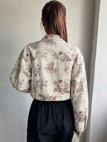 DAZY 女款花卉印花單排扣休閒百搭日常外出長袖牛仔夾克 Y2K - 米色 - 查看 3