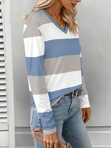 EMERY ROSE Camiseta de mujer con cuello en V, parte superior estampada con rayas maduras, diseño de patrón clásico, versátil, adecuada para uso diario y al aire libre, diseño gráfico - Multicolor - Ver 3