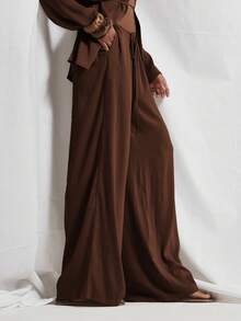 MUSERA Tie Waist Flowy Wide Leg Satin Trouser Coord Trouser Only Cute Holiday Sexy Night Out Vacation Spring Summer Elegant Soleil Drape - Chocolate Brown - View 3