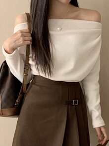 DAZY 女士纯色简约露肩垂坠T恤，适合日常穿着、秋季服装、返校服装长袖女式上衣 - 粉色 - 查看 1