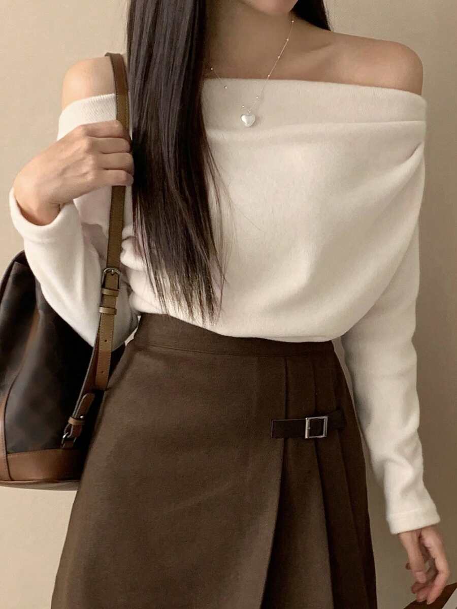 DAZY 女士纯色简约露肩垂坠T恤,适合日常穿着、秋季服装、返校服装长袖女式上衣 - 粉色 - 查看 1
