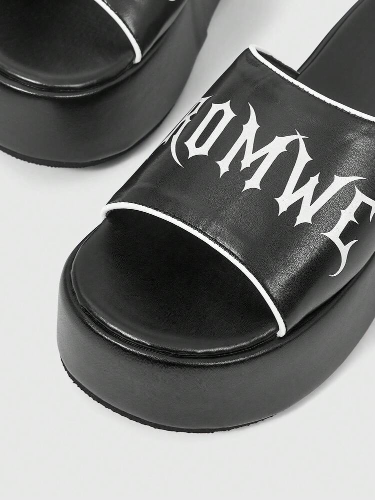 ROMWE Grunge Punk Women's Slope Heel Platform Sandals Dark Rock Punk Goth Shoes Summer Open-Toed Roman Beach Sandals Word With Embroidery Party Dress Shoes - Black - View 3