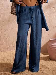 Swim Chiccia Celana Penutup Pantai Musim Panas Wanita Warna Polos dengan Tali Serut, Potongan Lurus Longgar - Navy Blue - View 2