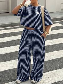 Muchica Navy Blue Plus Size 2pcs Set: Round Neck Short Sleeve Top And Pants - Navy Blue - View 5