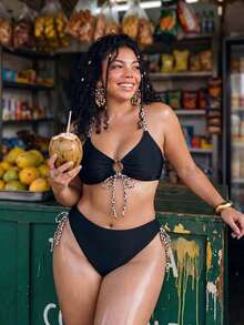 Swim Vcay Bikini de 2 piezas con tirantes finos y lazo delantero, estampado floral, braguita triángulo, talla grande para mujer, negro, sexy, para vacaciones de verano en la playa - Multicolor - Ver 4