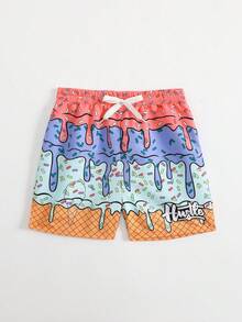 SHEIN Bañador con cordón en la cintura y estampado total para niño, adecuado para vacaciones de verano - Multicolor - Ver 4