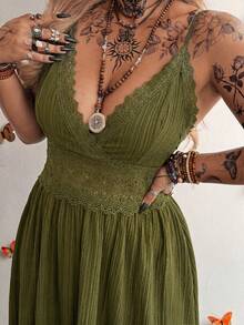 Whyspr Plus Size 2pcs Set Military Green Spaghetti Strap Long Lace Dress With Apricot European & American Style Mesh Hollow Out Cover-Up - Army Green - View 6