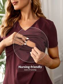 SHEIN Maternidad Camiseta de cuello V amamantamiento - Burdeos - Ver 8