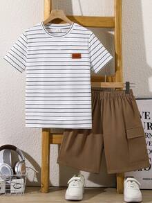 SHEIN Tween Boy Striped Patchwork Color Block Short Sleeve T-Shirt And Shorts Casual Daily Set - White - View 5
