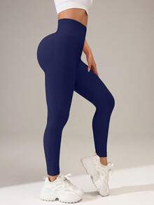 SHEIN Sports Sport Studio 女款高腰無縫修身緊身褲 - 彈性柔軟親膚 透氣四向伸展 適合跑步 騎單車 瑜珈 皮克球 運動 休閒 - 藏蓝色 - 查看 5