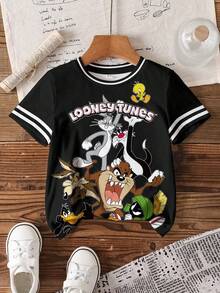LOONEY TUNES X SHEIN 小男孩休闲撞色条纹卡通图案圆领短袖T恤，夏季 - 白色 - 查看 7