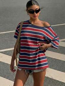 Muchica Kaos Wanita Kasual Minimalis Motif Garis-Garis Blok Warna Biru & Merah, Bahu Jatuh, Lengan Pendek, Potongan Longgar - MultiWarna - View 3