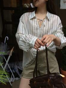 DAZY Women's Striped Elegant Spring/Summer Airy Versatile Long Sleeve Shirt - Apricot - View 9