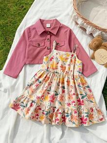 LMoss Kids 两件套女婴休闲碎花吊带连衣裙和棕色外套套装 - 彩色 - 查看 5