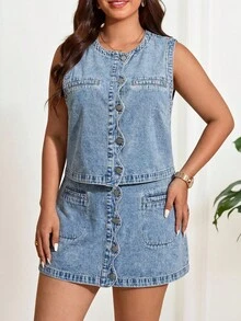 Lounesse Plus Size Solid Color Front Button Sleeveless Vest And Denim Skirt 2-Piece Set Summer Elegant Vacation Beach Wedding Graduation Going Out Ruffle Blue - Blue - View 7
