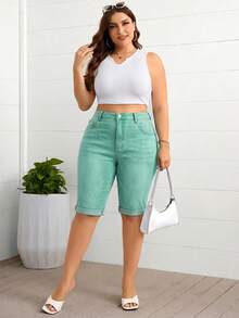 Firerie Plus Size Solid Color Zipper Fly Denim Shorts Suitable For Daily Wear - Mint Green - View 6
