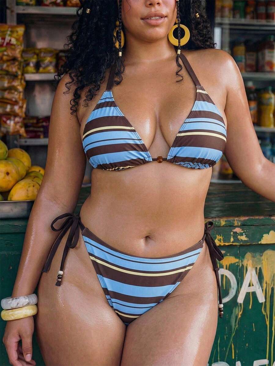 Swim Vcay 大尺碼夏季海灘度假條紋掛脖比基尼套裝 - 彩色 - 查看 1