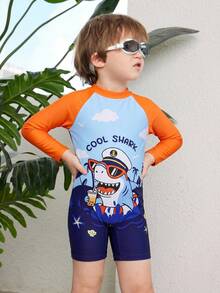 SHEIN Young Boy Letter Cartoon Pattern Long Sleeve Romper Swimsuit, Suitable For Beach Vacation, Pool Party, Beach Party - Black - View 7