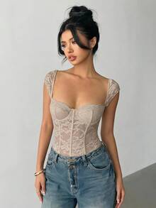 Aloruh 女士性感蕾丝心形领透视连体衣，夏季 - 杏色 - 查看 6