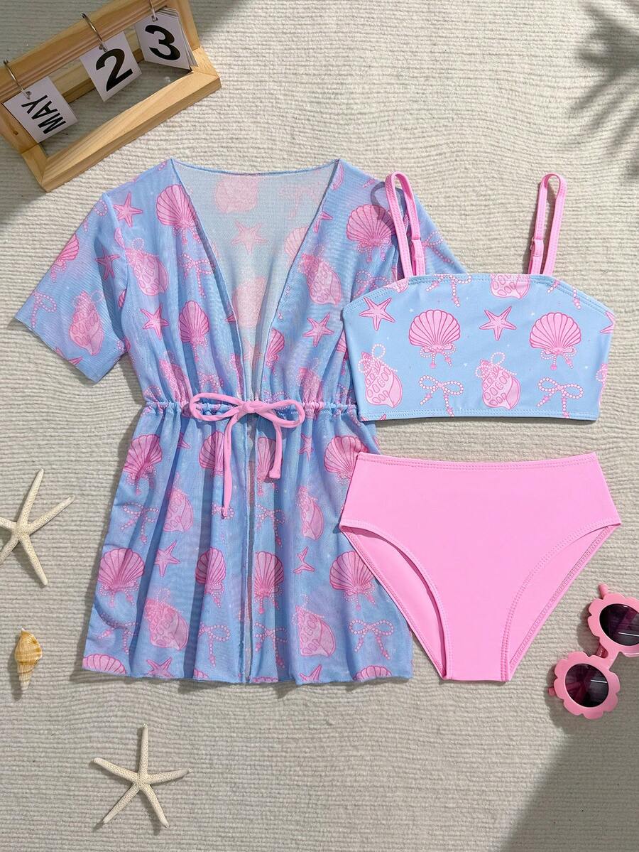SHEIN 女童泳衣套裝 可愛卡通印花 3件組 時尚休閒 精緻華麗 活潑風格 適合游泳 度假 夏季 - 彩色 - 查看 1