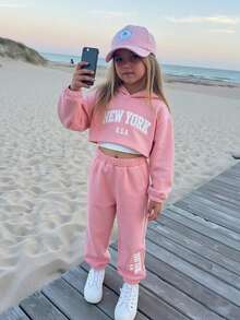 Elladie kids 少女字母印花連帽T恤長褲吊帶背心套裝 - 粉色 - 查看 9