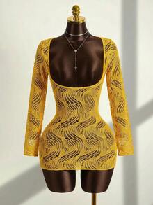 Zestiva 26SS Women's Sexy Fitted Hollow Design Ultra Low Cut Scoop Neck Cover Up Club Night Butter Yellow Summer - Yellow - View 3